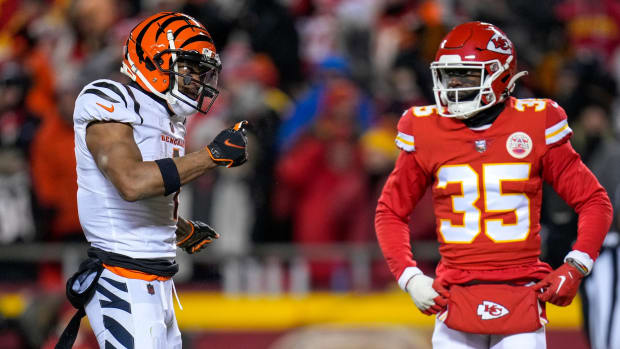 Cincinnati Bengals wide receiver Ja'Marr Chase (1) celebrates a deep reception in the fourth quarter of the AFC championship NFL game between the Cincinnati Bengals and the Kansas City Chiefs, Sunday, Jan. 29, 2023, at Arrowhead Stadium in Kansas City, Mo. The Kansas City Chiefs advanced to the Super Bowl with a 23-20 win over the Bengals. Cincinnati Bengals At Kansas City Chiefs Afc Championship Jan 29 650